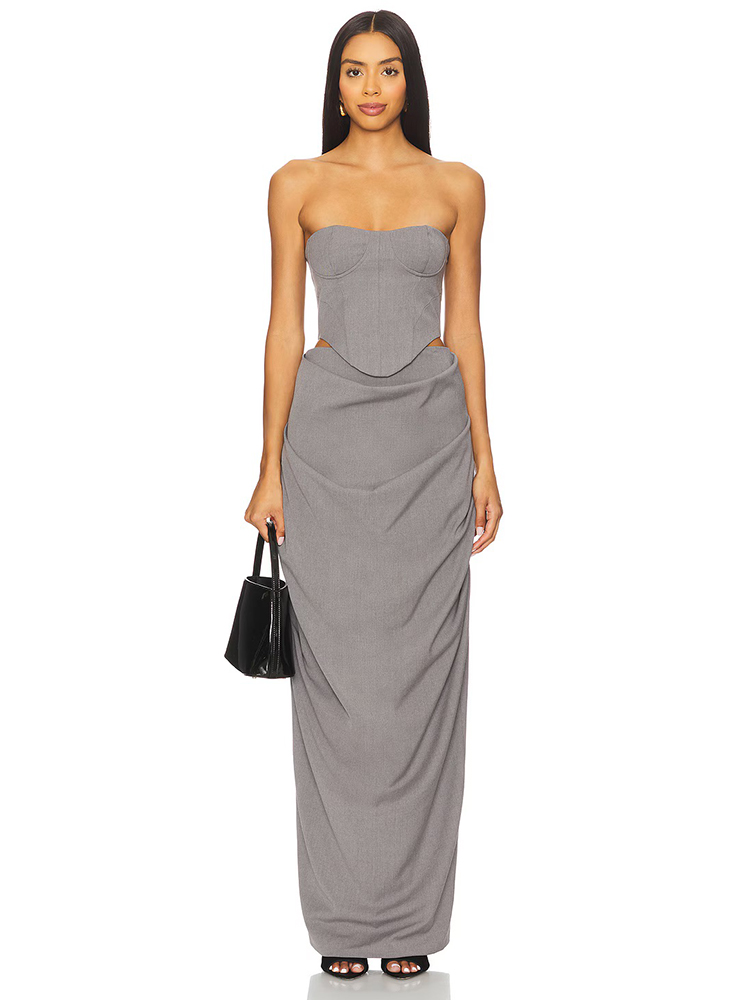 Corset Top Boned - Abito Lungo Elegante da Sera Grigio
